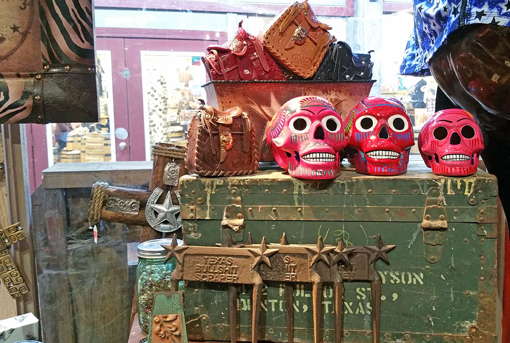 Cool Mexican-style skulls at a Stockyards tourist shop.