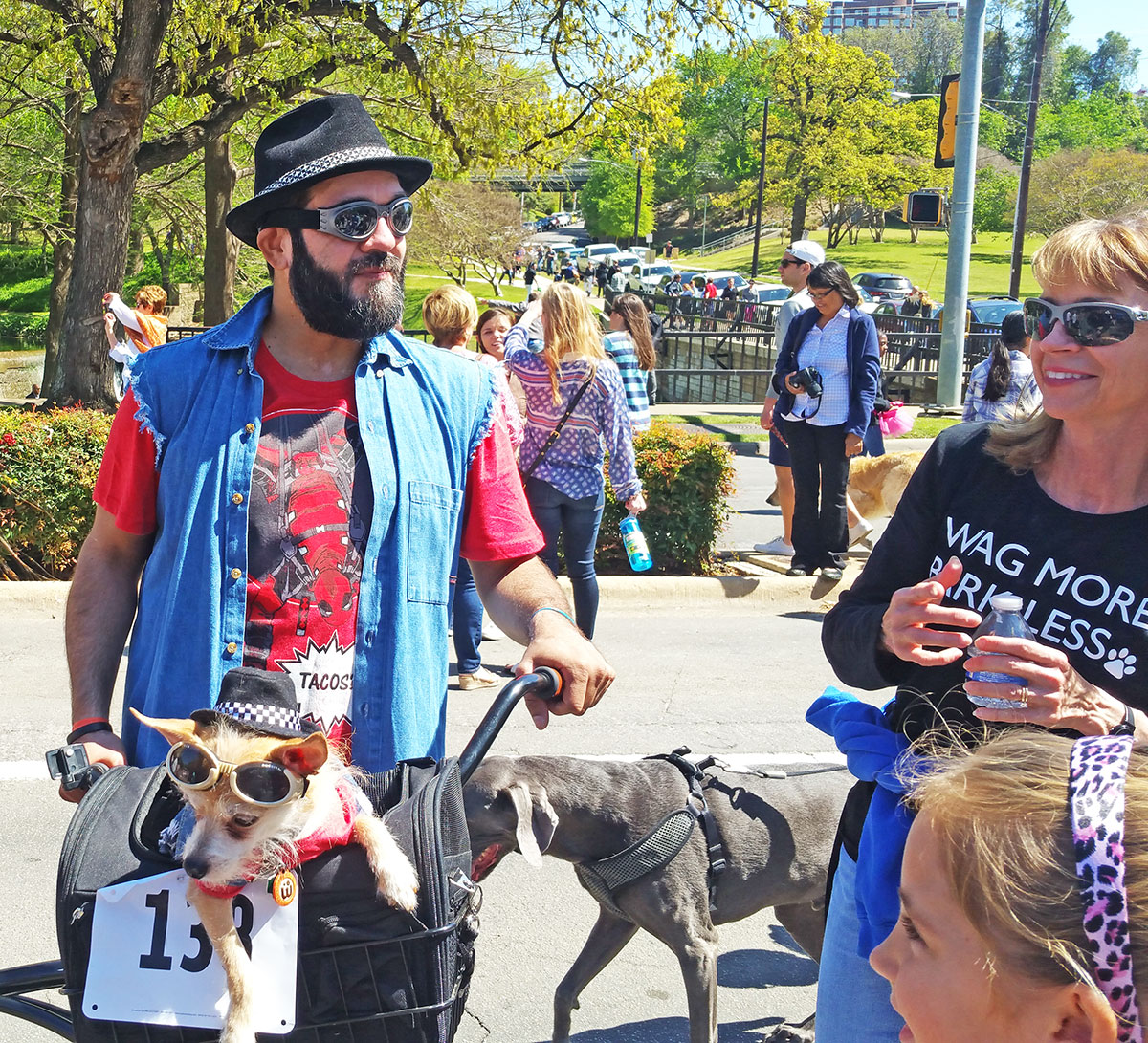 A guy with a matching dog at the 2016 Easter Pooch Parade in Dallas.