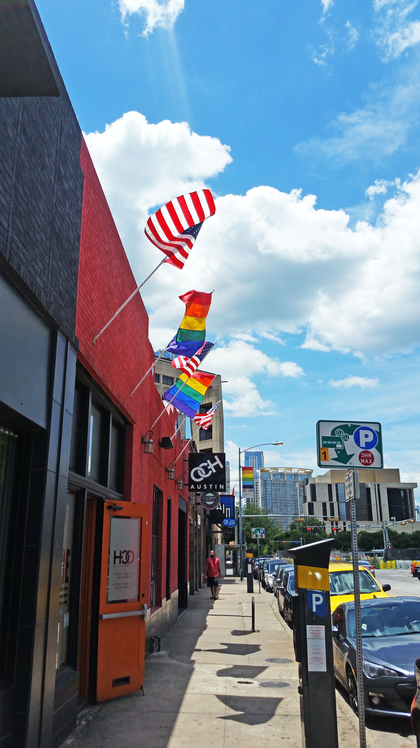 The pride flags on 4th Street - the gay area of downtown Austin, Texas.
