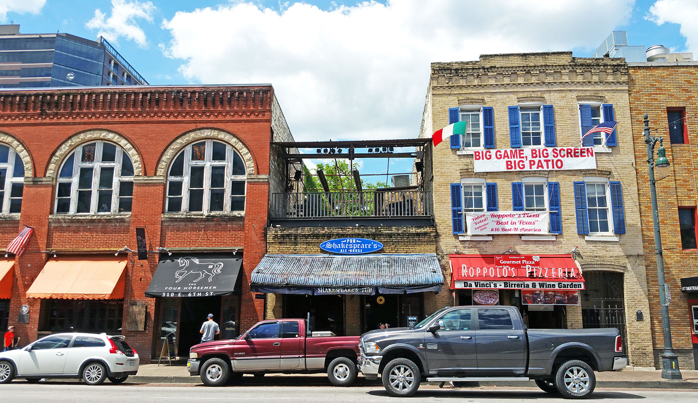Historic buildings turned into bars in the 6th Street club district.