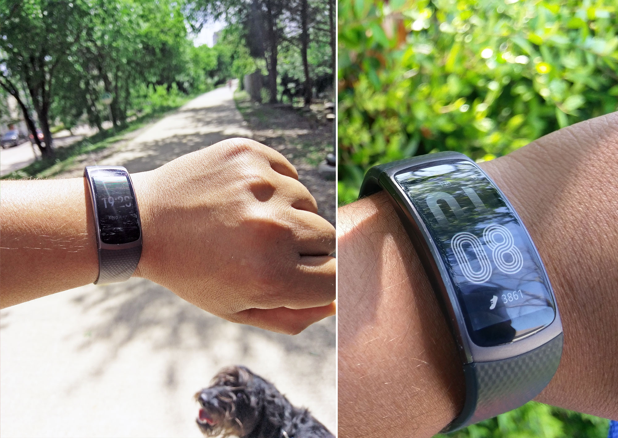 Checking my Samsung Gear Fit2 watch on the Katy Trail in Dallas.